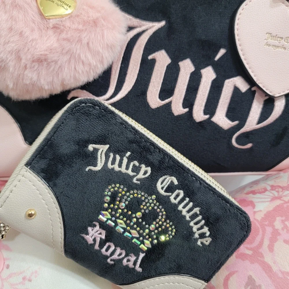 Juicy Couture Urban Heritage Bowler Bag VELOUR With Heart POM Bag Charm & WALLET